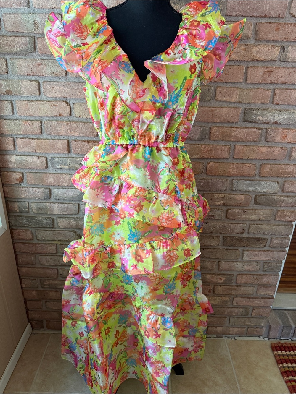 Ruffled Floral Maxi Dress in Neon Yellow-Pink